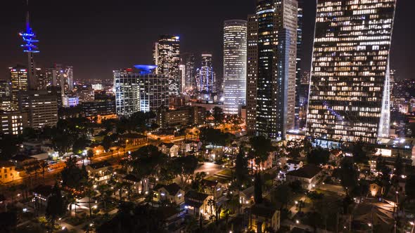 Night Tel Aviv business city center from birds view, Israel hyperlapse