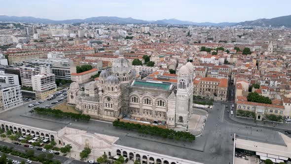 Drone shot of Marseille Cathedral (Cathedrale de la Major), France