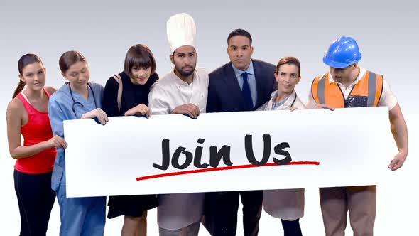 Various professional holding placard of join us text