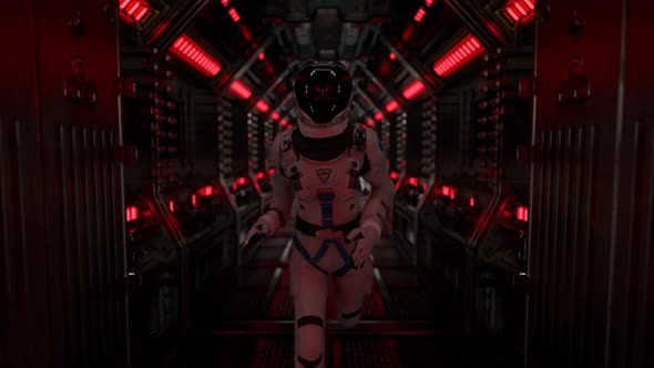 Astronaut Runs Through a Tunnel to Another Compartment of the Space Gate