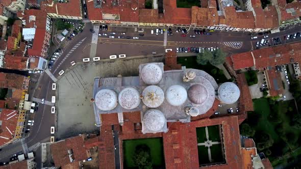 The Basilica of St. Anthony in Padua Italy roof domes and square, Aerial top view lift shot