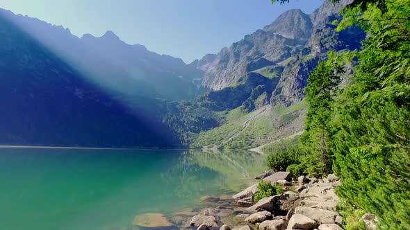 Lake in the middle of the Tatras mountains at sunrise, Poland