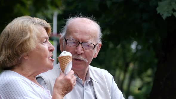 Senior Couple Eating Ice Cream on a Park Bench