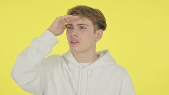 Young Man Looking Around Searching Yellow Screen