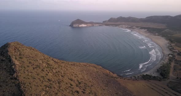 Aerial drone view of Genoveses beach bay in Almeria. Eastern Mediterranean area, Spain.