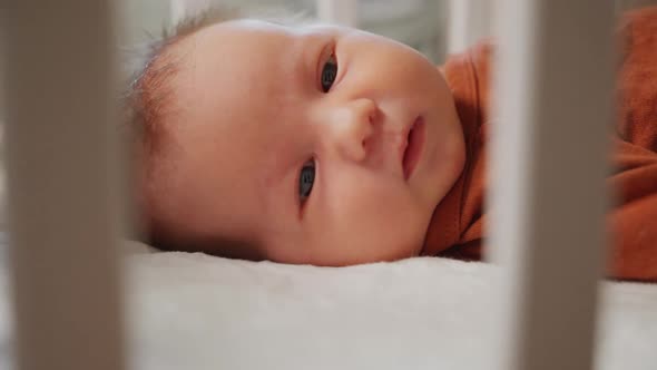 Portrait of a newborn baby in the cradle as seen from the side