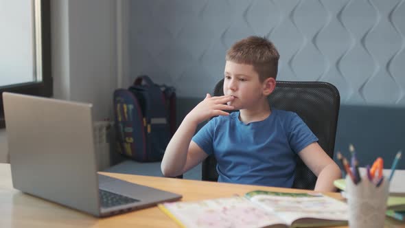 Portrait of a young boy teaching lessons online at a distance using laptop and internet via video