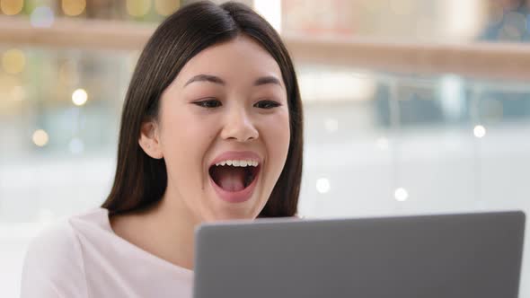 Portrait Asian Successful Lucky Girl Business Freelancer Woman Looking Laptop Screen Wins New Job