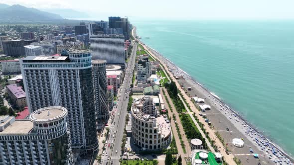 Batumi, Georgia - May 25 2022: Drone flies along new Batumi boulevard