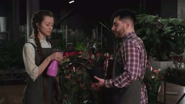 A Woman with a Long Braid Takes Care of Flowers