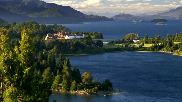 Nahuel Huapi Lake Near Bariloche City in Patagonia, Southern Andes, Argentina. Green Trees Waving