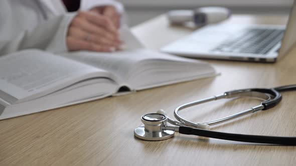 Stethoscope Prescription Clipboard Doctor Working Laptop Desk Hospital Read Book Healthcare Medical