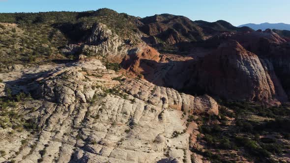 Panaromic jib view of the drone over the rocky mountains. Saint Geroge, Utah. Vortex.