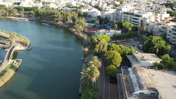 Tel Aviv Yarkon Lake City Wide Shot Drone 4k