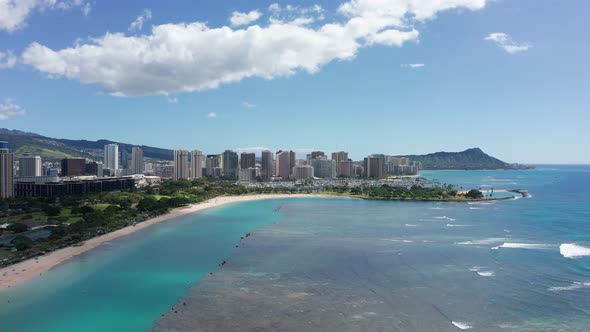 Wide descending aerial shot of Ala Moana Beach in Honolulu on the island of O'ahu, Hawaii. 4K