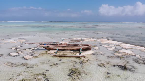 Ocean at Low Tide Aerial View Zanzibar Boats Stuck in Sand on the Shallows