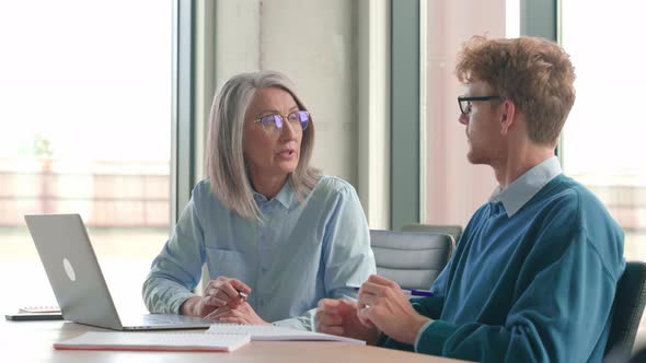 Mature Mentor Teaching Intern Explaining Online Job Using Laptop in Office