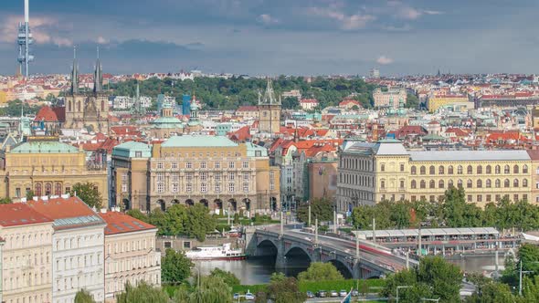 Beautiful View On Prague In Czech Republic Timelapse With Flowing River Vltava And With Zizkov