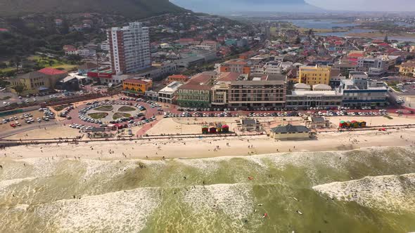 Aerial view of Muizenberg Beach at Cape Town, South Africa.