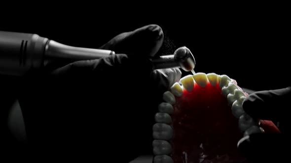 Close-up of a Dentist Practicing on a Mock-up of a Skeleton of Teeth Using a Drill Machine. the