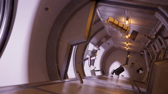 Futuristic spacecraft corridor. Countless objects floating in zero gravity. 4KHD