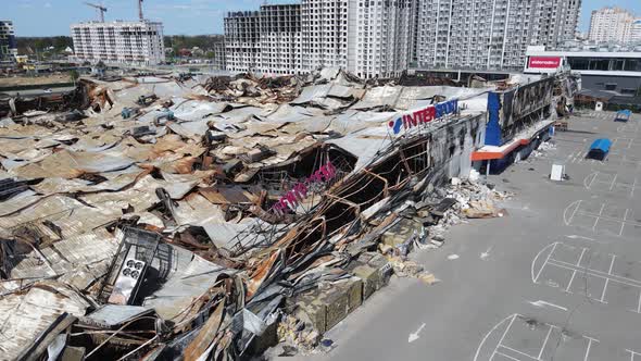 Wartorn Building of a Shopping Center in Bucha Ukraine