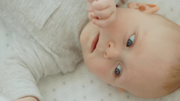 Top View of the Newborn Baby Lying Down on the Cot Wearing Wearing Cute Baby Bodysuit and Exploring