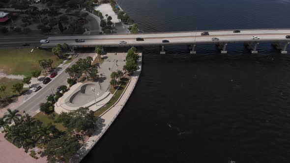 Public skate park/BMX park, downtown Bradenton, Florida.  A riverside skate oasis (aerial)