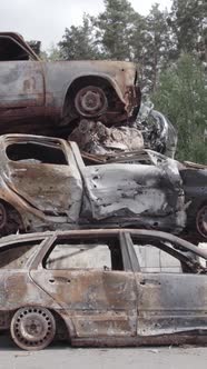 Vertical Video of a Dump of Destroyed Cars During the War in Ukraine