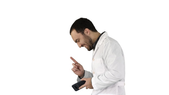 Doctor walking and laughing after phone call on white background.