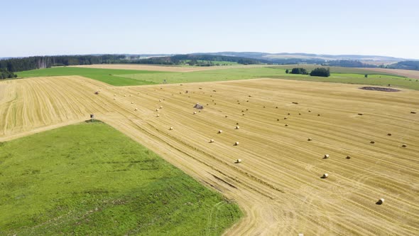 Aerial Drone Shot  a Field with Hay Bales in a Rural Area on a Sunny Day