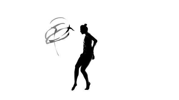 Girl Gymnast with Ribbon in Hand Revolve Around Him. Silhouette. White Background. Slow Motion