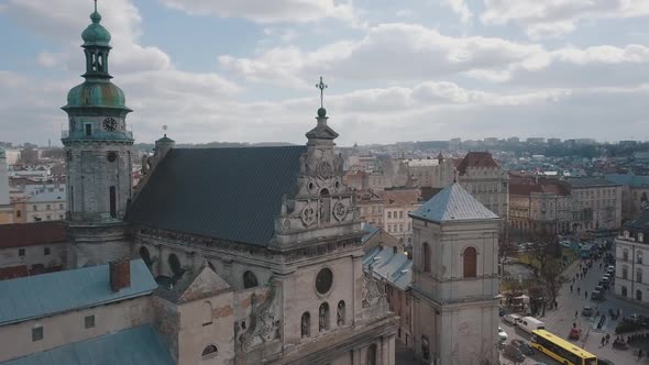 Aerial City Lviv, Ukraine. European City. Popular Areas of the City. Church