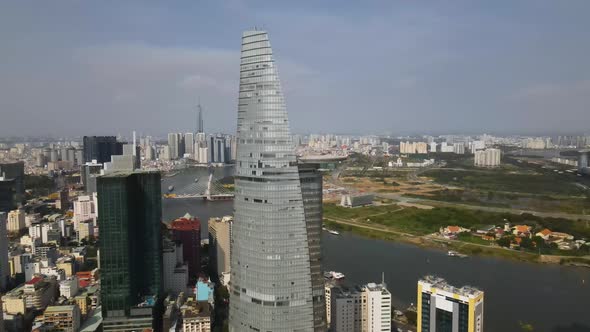 Ho Chi Minh, Vietnam. Aerial View of Bitexco Financial Tower and District 1 Riverfront Skyscrapers a