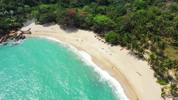 Aerial top down tourism of paradise lagoon beach vacation by aqua blue water and bright sand backgro