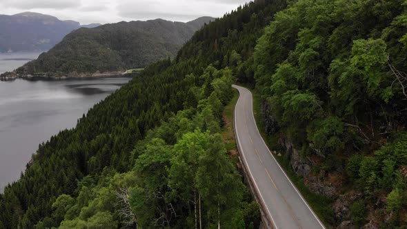 Road And Fjord Landscape Norway. Aerial View