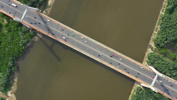 Drone view landscape highway bridge over river. Areal view city road landscape