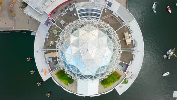 Top-Down View Of Geodesic Dome Structure Of Science World Museum By False Creek In Vancouver, Canada