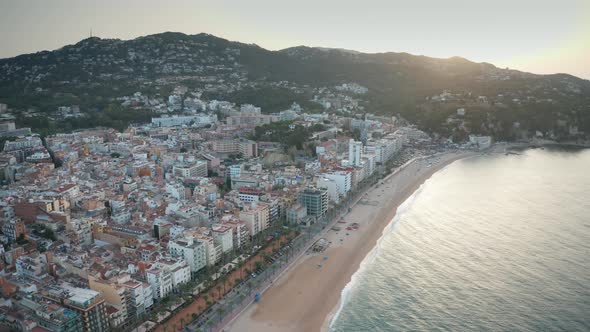 Drone Flight Over Beach of Lloret De Mar Town