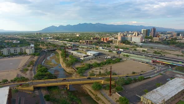 Wide panning drone shot  of downtown Tucson Arizona