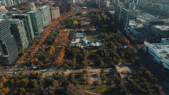 Aerial View Of Araucano City Park And The Modern Buildings Of Nueva Las Condes In Santiago, Chile -