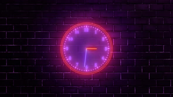 Pink Red Neon Light Analog Clock Isolated Animated On Wall Background