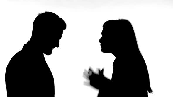 Silhouette of Woman Fighting with Man Against White Background