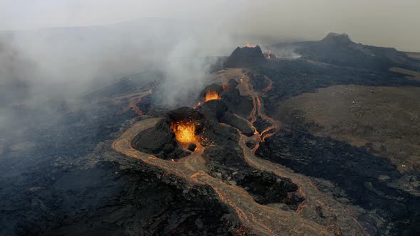 Birds eye view over Geldingadalir valley in Iceland, all covered with streams of fresh flowing lava