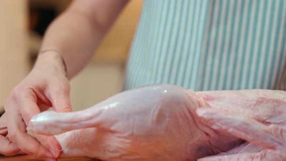 A Woman in the Kitchen Butchers a Duck Removes the Remnants of Feathers