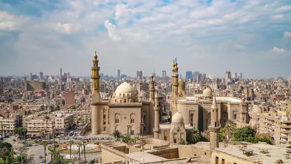 Aerial View of the Old Part of Cairo Mosque-Madrassa of Sultan Hassan Egypt Timelapse.