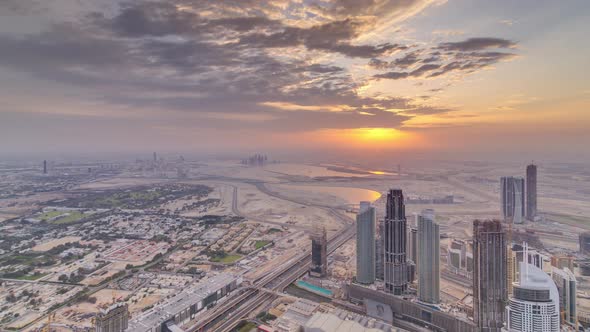 Downtown of Dubai in the Morning Timelapse During Sunrise