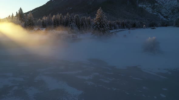 Beautiful winter morning with fresh snow and fog