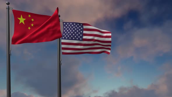 China  Flag Waving Along With The National Flag Of The USA - 4K