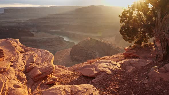 Sunset View of Dead Horse Point State Park, Utah, USA. Сamera Moves Over a Cliff, View of Canyon